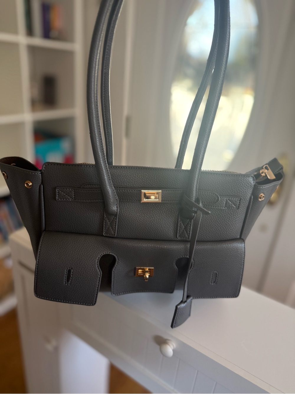 Gray Structured Tote with Gold Hardware